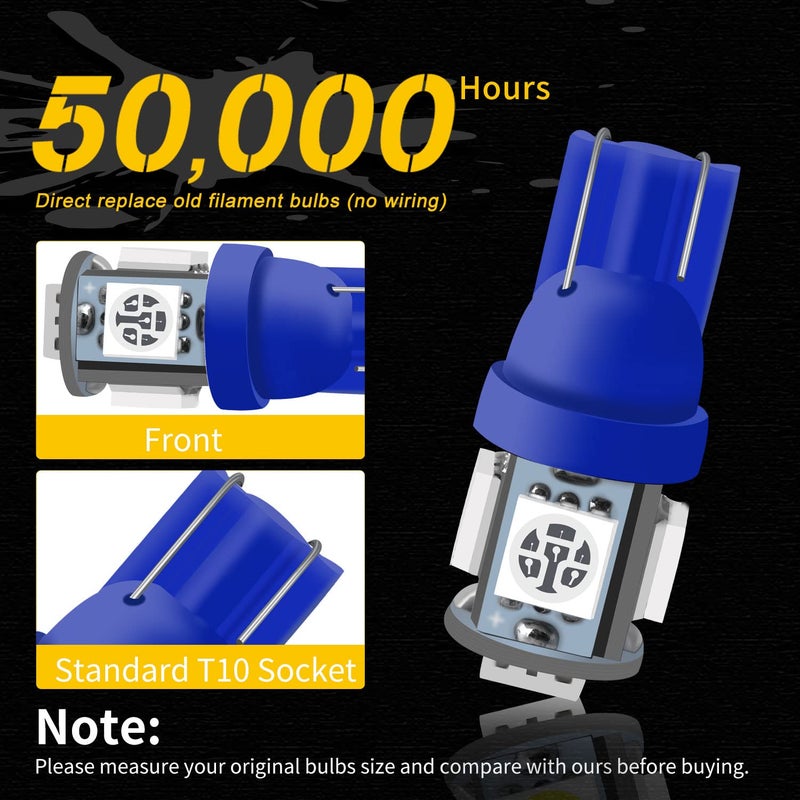 Qasim لمبة LED زرقاء قاسم 194، T10 W5W 2825 158 192 168 194 ويدج 5-SMD 5050 لمبة LED زرقاء فائقة لداخل السيارة 12V DC (عبوة من 10)  - Image 4